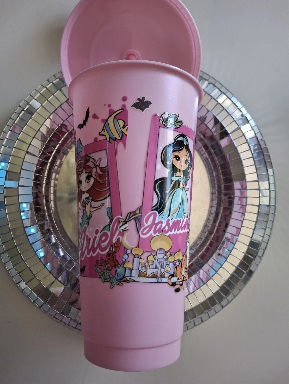 Disney Princess pink tumbler cup with glitter bow new wonderland